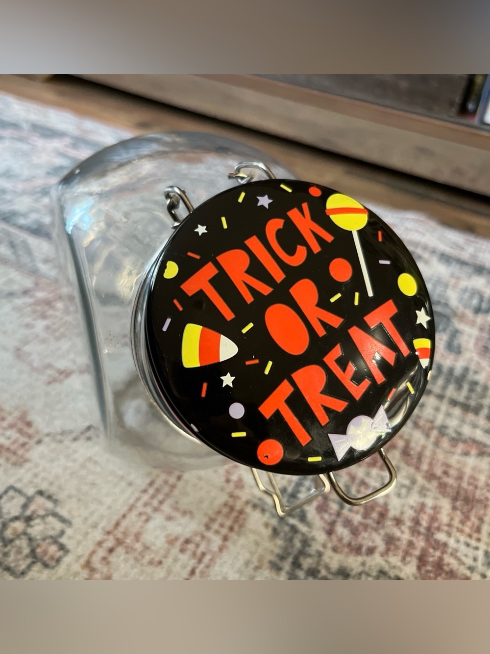 90’s Halloween 'Trick or Treat' Glass Candy Jar with Black Festive Lid